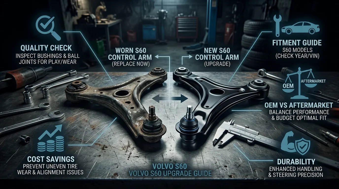 Infographic: How to choose reliable replacement control arms for Volvo S60 - worn vs new comparison with quality check, cost savings, fitment guide, OEM vs aftermarket, and durability tips