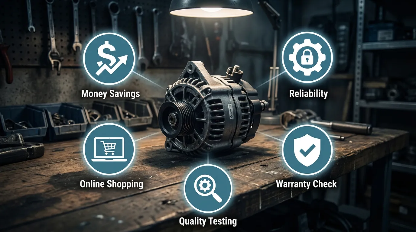 Infographic: Top 5 benefits of buying used Volvo alternators - Money Savings, Reliability, Online Shopping, Quality Testing, Warranty Check