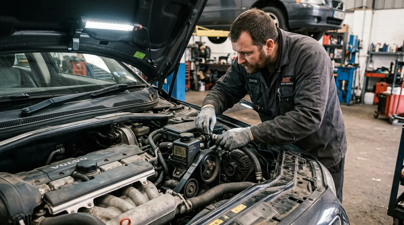 Mechanic inspecting Volvo S80 power steering system under the bonnet