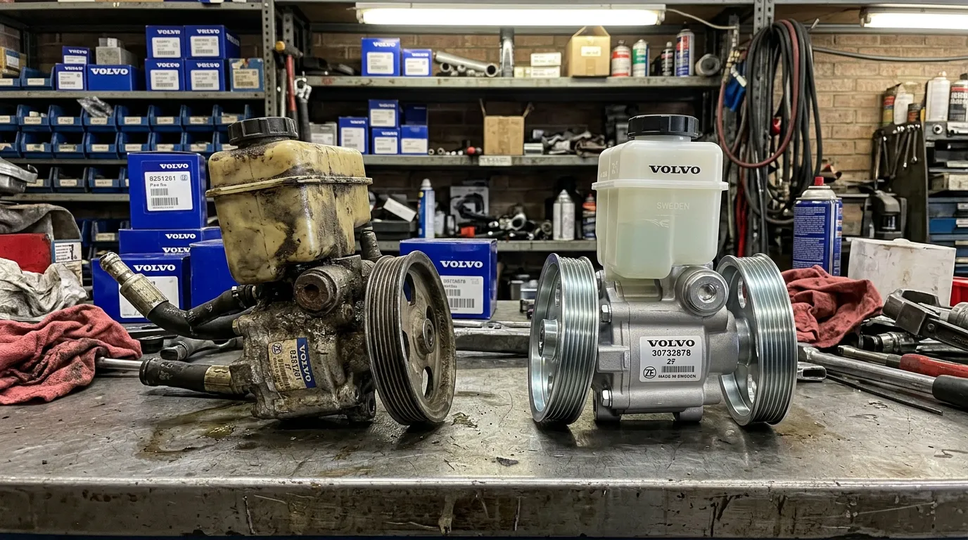 Infographic comparing used vs new Volvo S80 power steering pumps