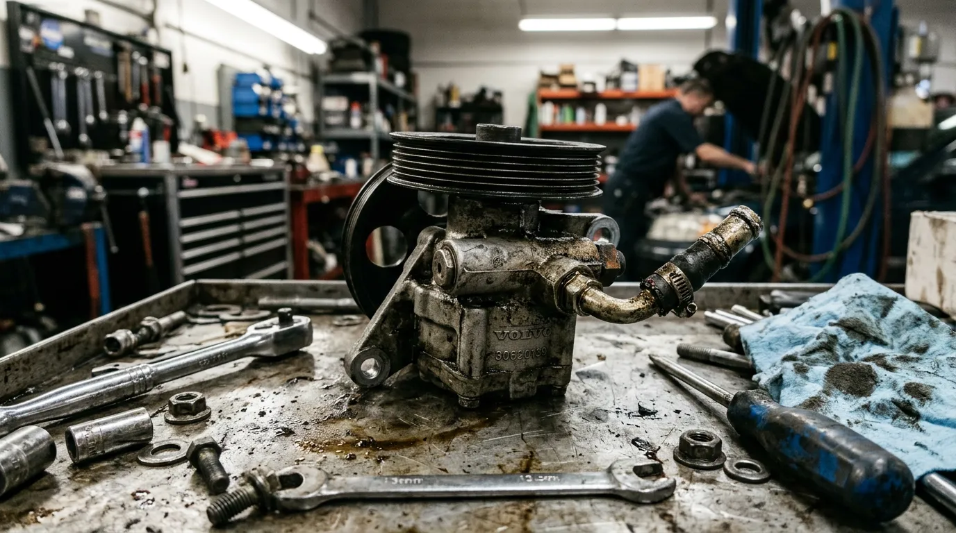 Volvo S80 power steering pump sitting on a greasy mechanic workbench with tools scattered around