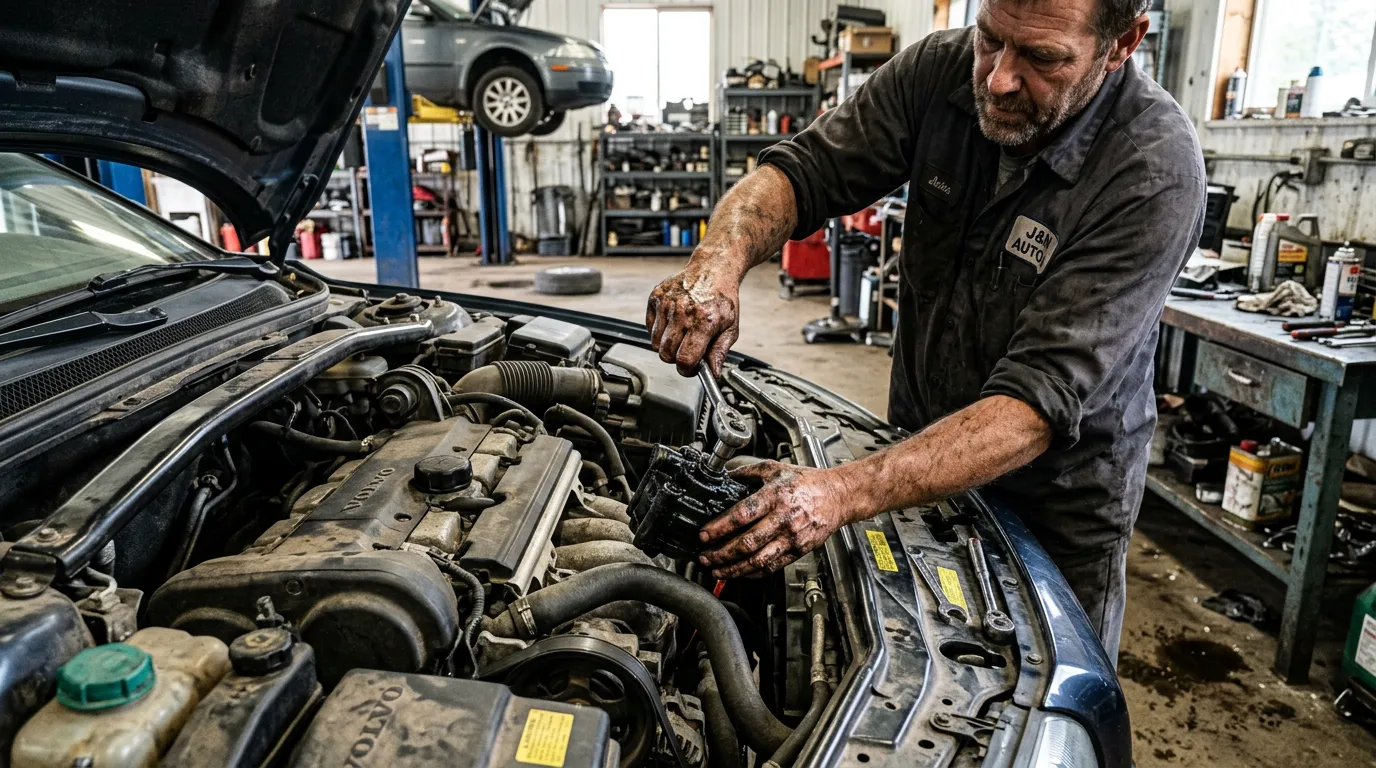 Mechanic removing a power steering pump from a Volvo S80 engine bay